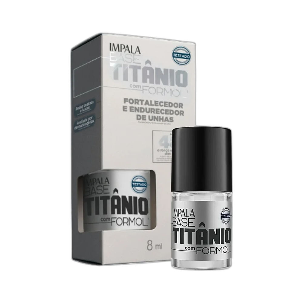 Base Impala Titânio com Formol em frasco cinza metálico com tampa preta.